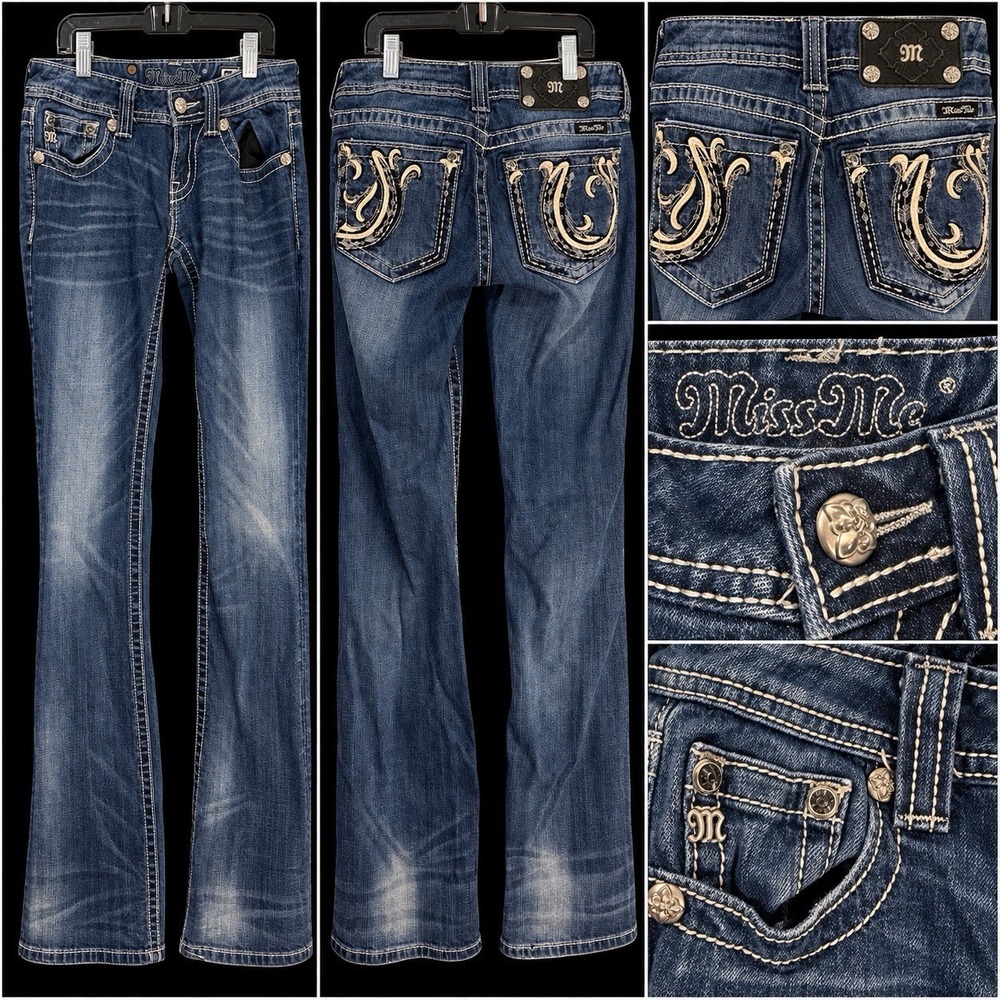 Womens Miss Me Jeans Size 27 Boot Y2K Rhinestone embroidered Blue Embellished
